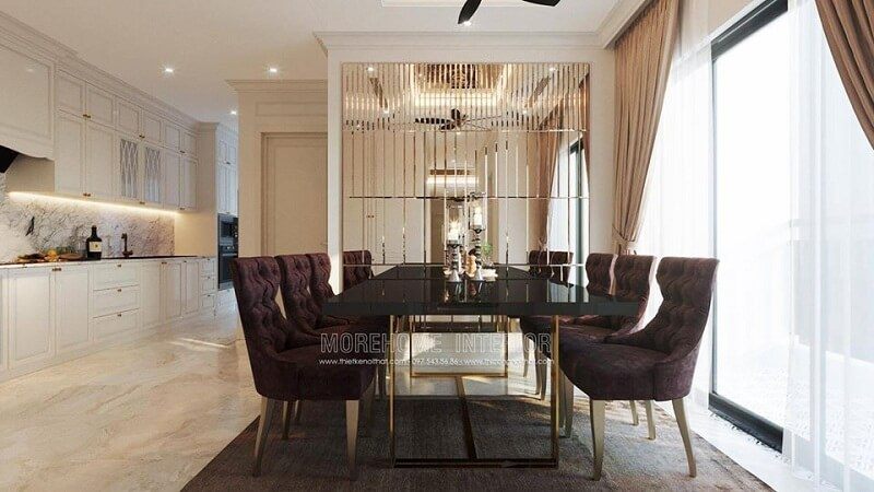 Mẫu bàn ăn đẹpvới chân inox vàng kim cao cấp kết hợp mẫu ghế ăn cách tân tạo nên bộ bàn ăn đẳng cấp phù hơp với không gian phòng ăn rộng